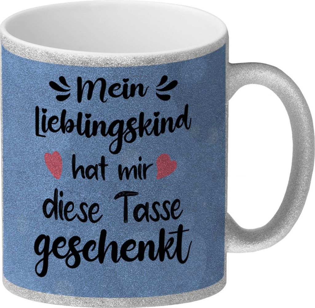 Lieblingskind Glitzer-Kaffeebecher in blau zum Mutter und Vatertag