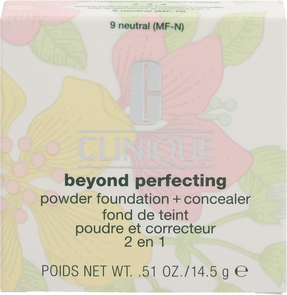 The image shows the packaging of a Clinique makeup product with a floral design.