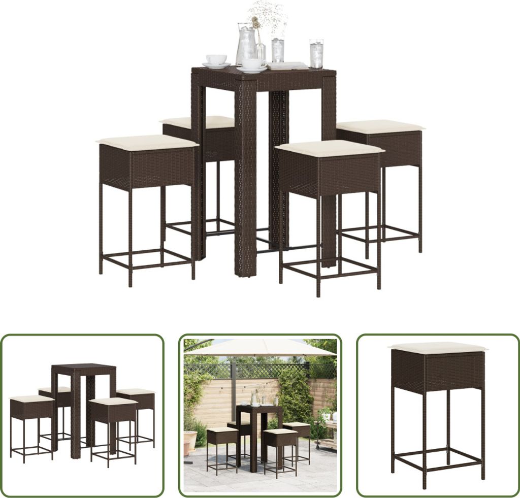 The Living Store 5-tlg. Gartenbar-Set mit Kissen Braun Poly Rattan