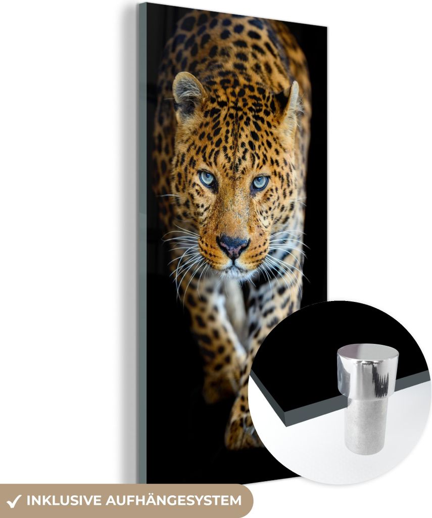 MuchoWow Glasbilder - Bilder auf Wandbild - Foto auf Glas Leopard - Tiere - Porträt - Wildtiere - Schwarz 60x120 cm Wanddekoration aus Glas - Acry...