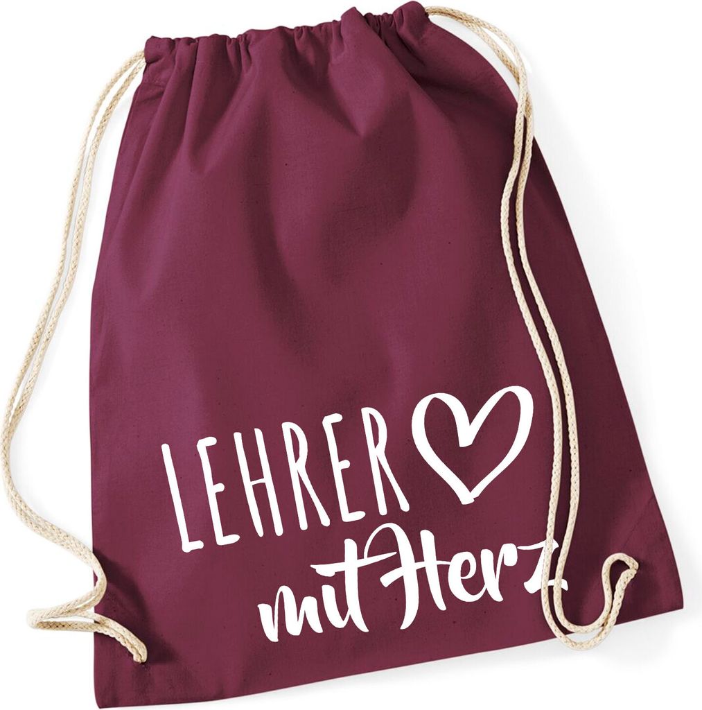 Huuraa Turnbeutel Lehrer mit Herz 12 Liter Burgundy Baumwolle Rucksack Geschenkidee