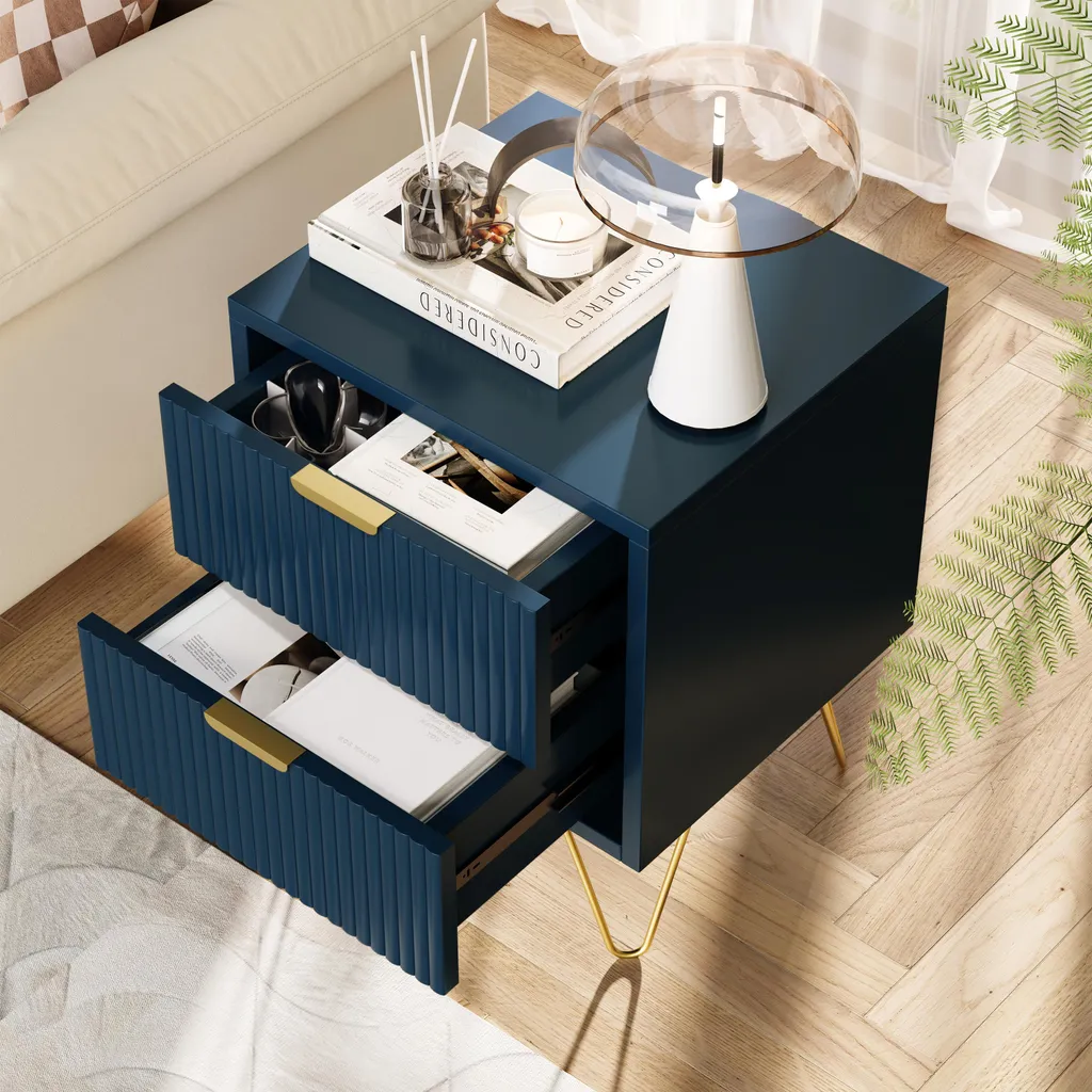 Table de nuit ProximaX bleu foncé avec 2 tiroirs et pieds dorés chic