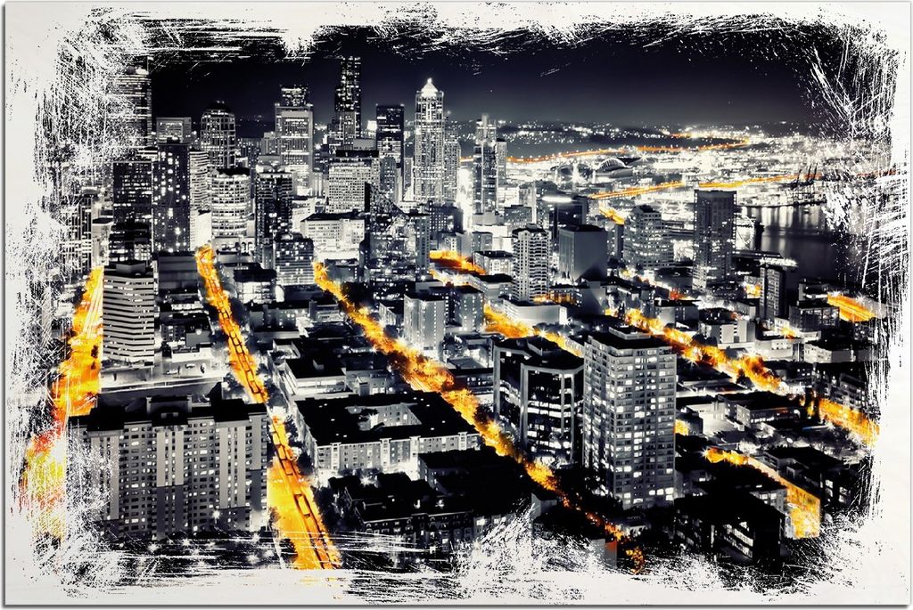 Kunstdrucke Wandbilder Holz in : Brillante Farben, Größe 60 x 90 cm Motiv Großstadt bei Nacht - Seattle in schwarz weiß gelb
