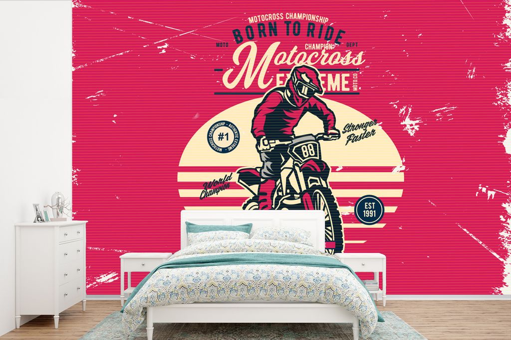 MuchoWow Fototapete für Wohnzimmer oder Schlafzimmer Wandtapete Vinyl Motivtapete Mann - Motorrad - Oldtimer - 330x220 cm - Fototapeten