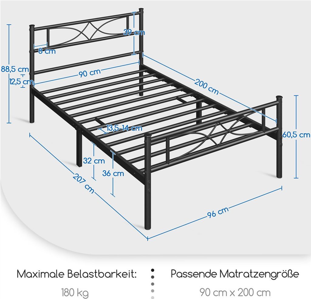 Yaheetech Metallbett Bettgestell 90 x 200 cm, Bettrahmen Produktbild 3