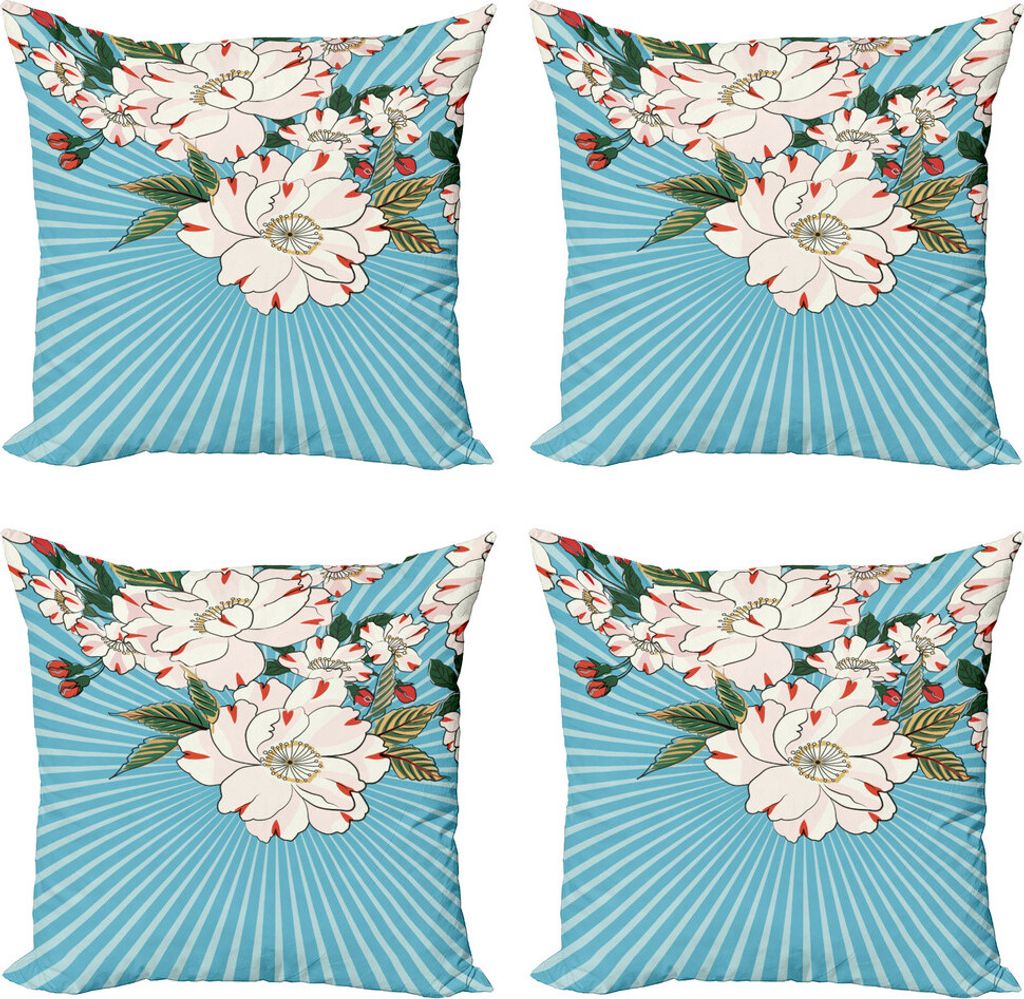 ABAKUHAUS Sunburst Kissenbezug Set (4 Stück), Floral Bloom auf Retro Rays, Moderner Doppelseitiger Digitaldruck, 50 cm x 50 cm, Pale Sky Blue Mult...