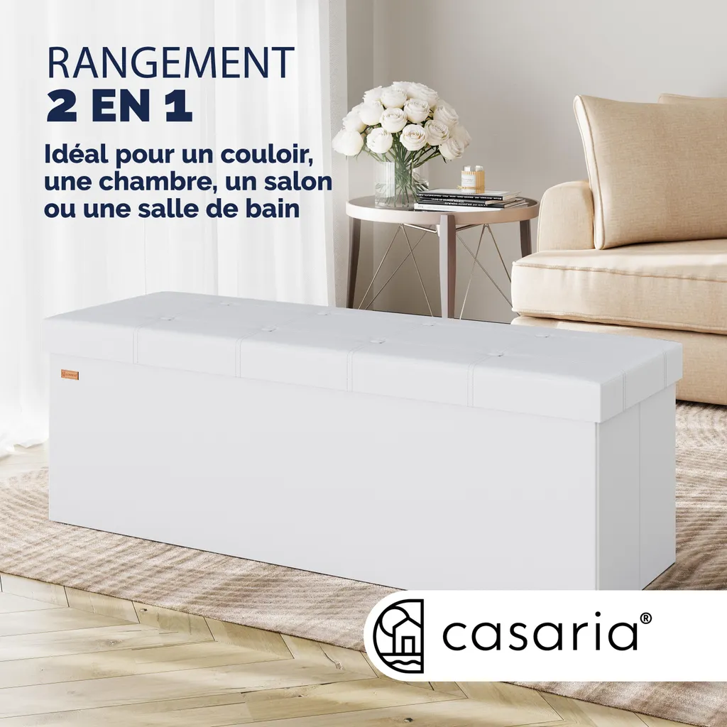 Solution gain de place : Banc coffre blanc pliable 131L Rangement 115cm