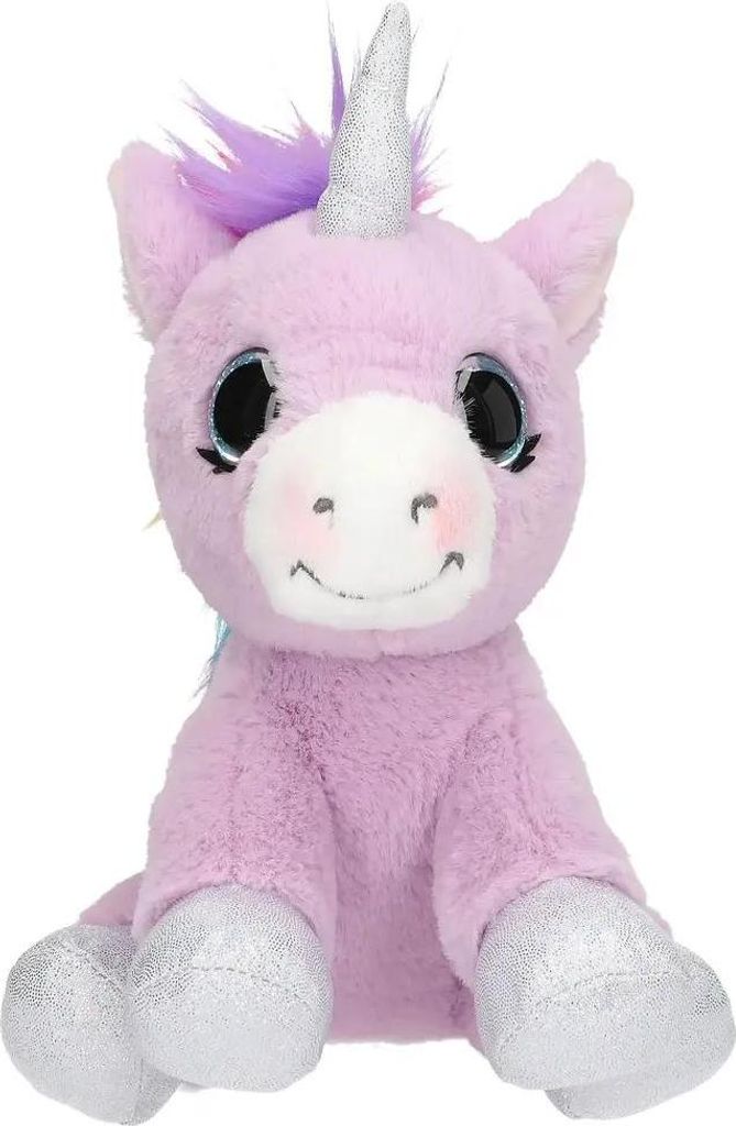 A plush unicorn toy sitting down.