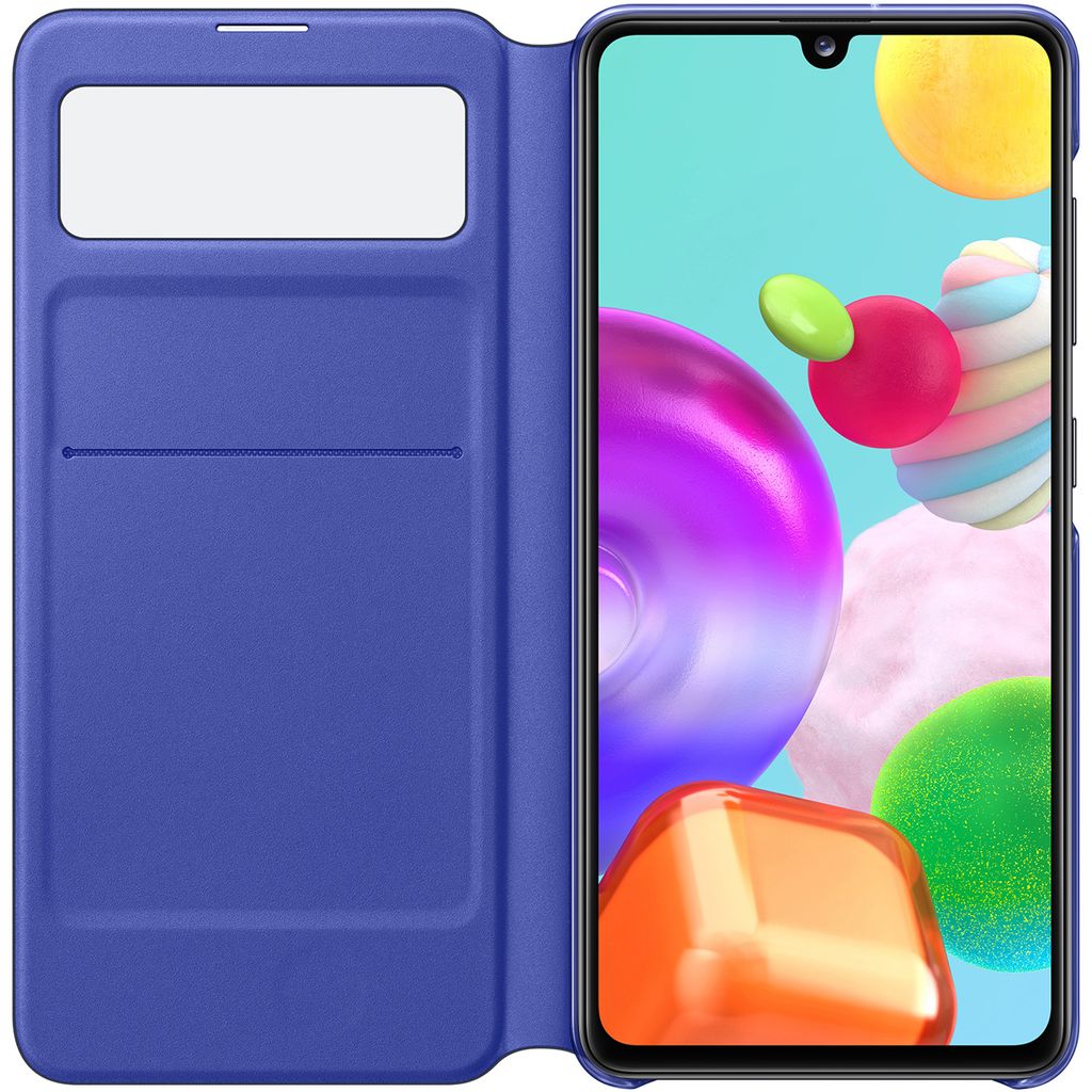 A purple flip case for a smartphone is shown open, revealing the smartphone screen.