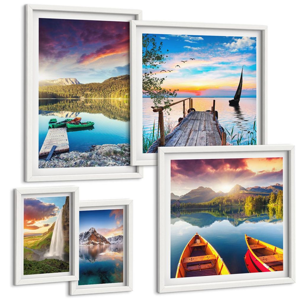 Bilder Set 5-teilig im Goldrahmen Rahmen – Wandbilder 5 Stück – gerahmte Poster für Wohnzimmer, Schlafzimmer und Flur – 50x50 cm - 40x60 cm...