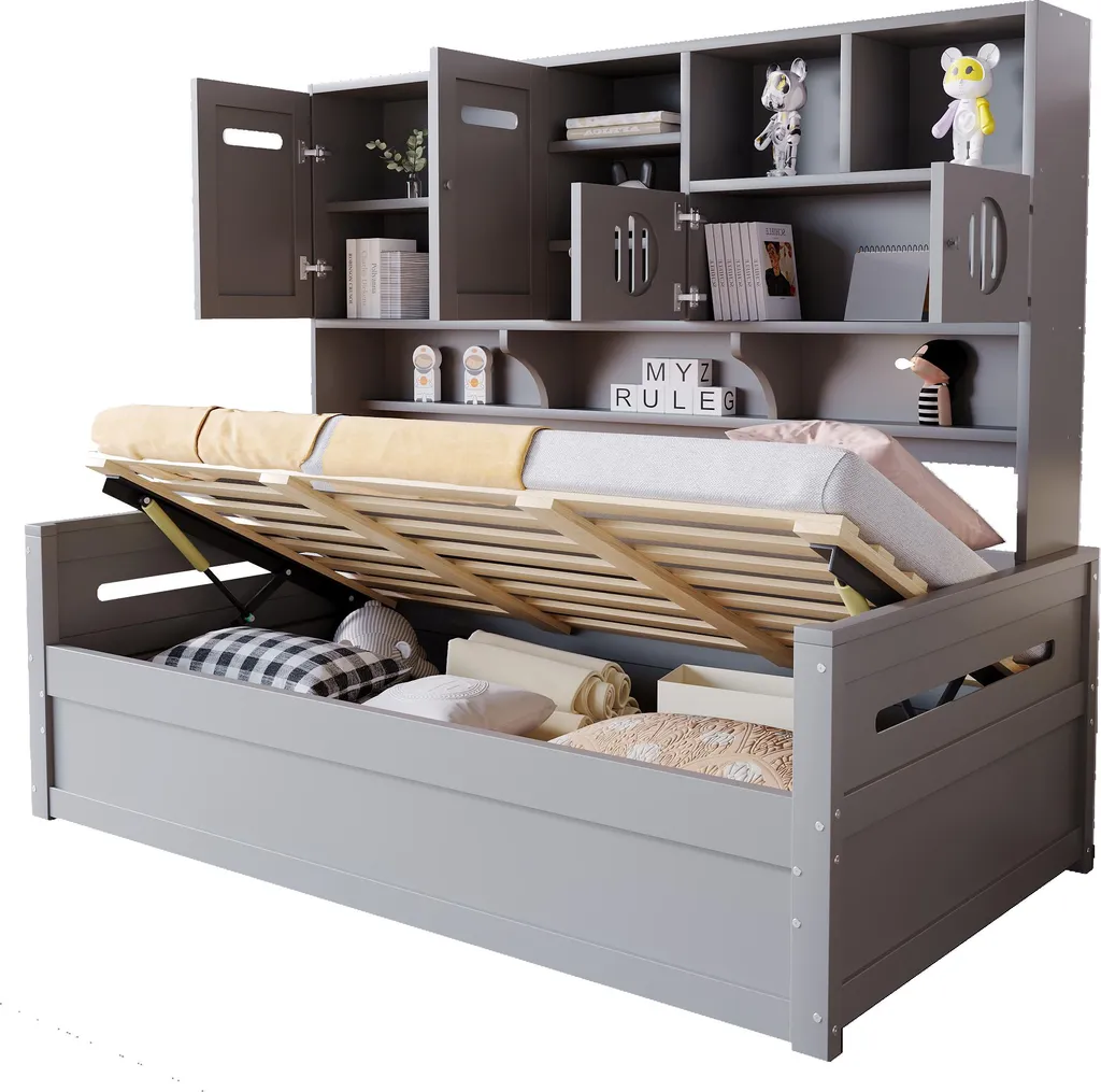 Cadre de lit coffre 90x200 cm Sweiko gris pour optimiser petits espaces