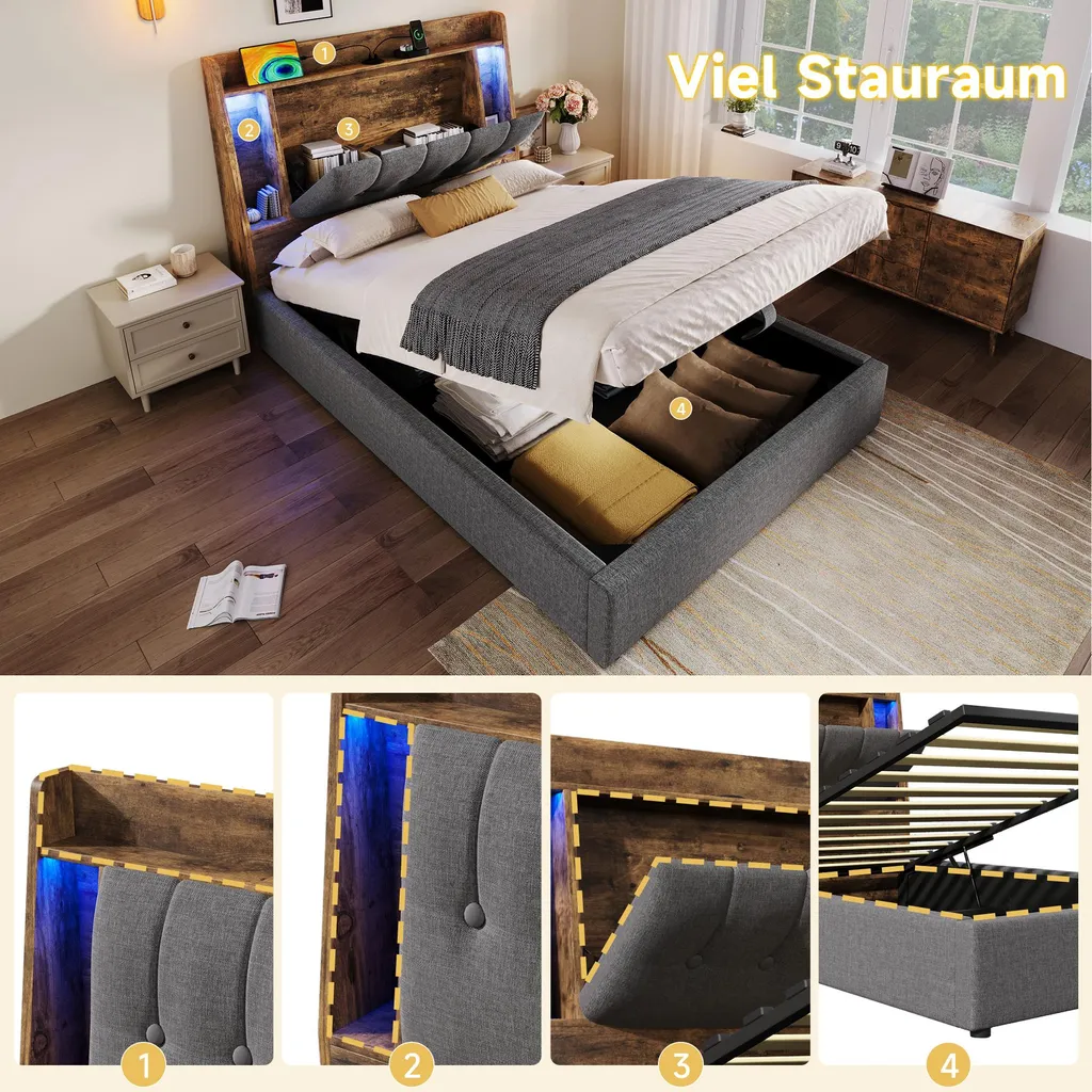 Lit LED 90x200 avec USB Type-C et tête de lit de rangement en lin gris