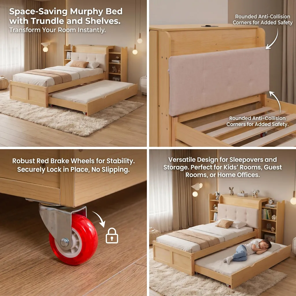 Lit enfant 90x200 cm bois naturel : solution gain de place avec USB - 4