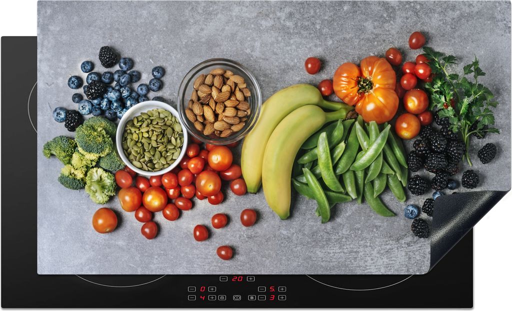 KitchenYeah Herdabdeckplatte Obst - Farbe - Nüsse , 91x52cm, Küche Deko, Glaskeramikkochfeld Herdabdeckung, Abdeckplatte fùr Kochfeld