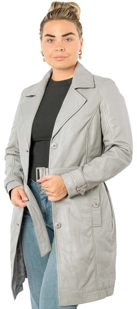 Mauritius - Damen Trenchcoat Ledermantel Gürtel Lammnappa silver grey : M