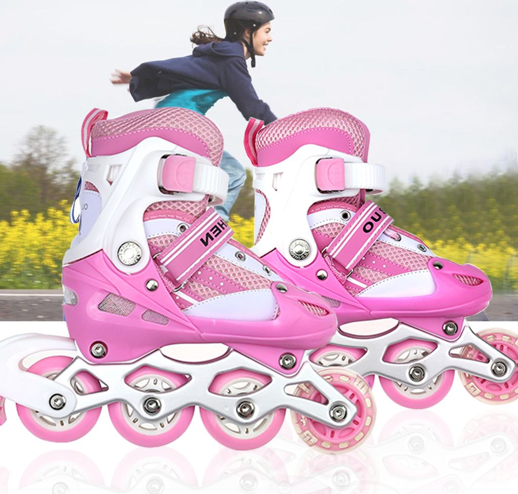 Verstellbar Inlineskates Rollschuhe mit Leuchtenden Rädern für Kinder Mädchen Rosa Größe 35-38