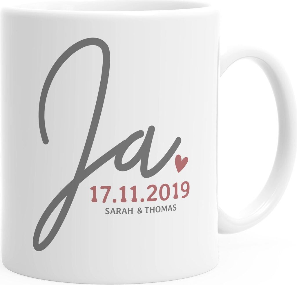 personalisierte Kaffeetasse "Ja" mit Namen und Datum anpassbar Hochzeitsgeschenk kleines Geschenk Hochzeit SpecialMe weiß Keramik-Tasse