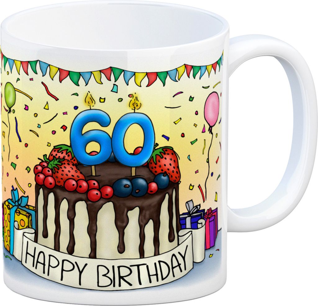 60. Geburtstag Tasse mit Kuchen und Geschenk und Anhänger: zum 21915. Tag