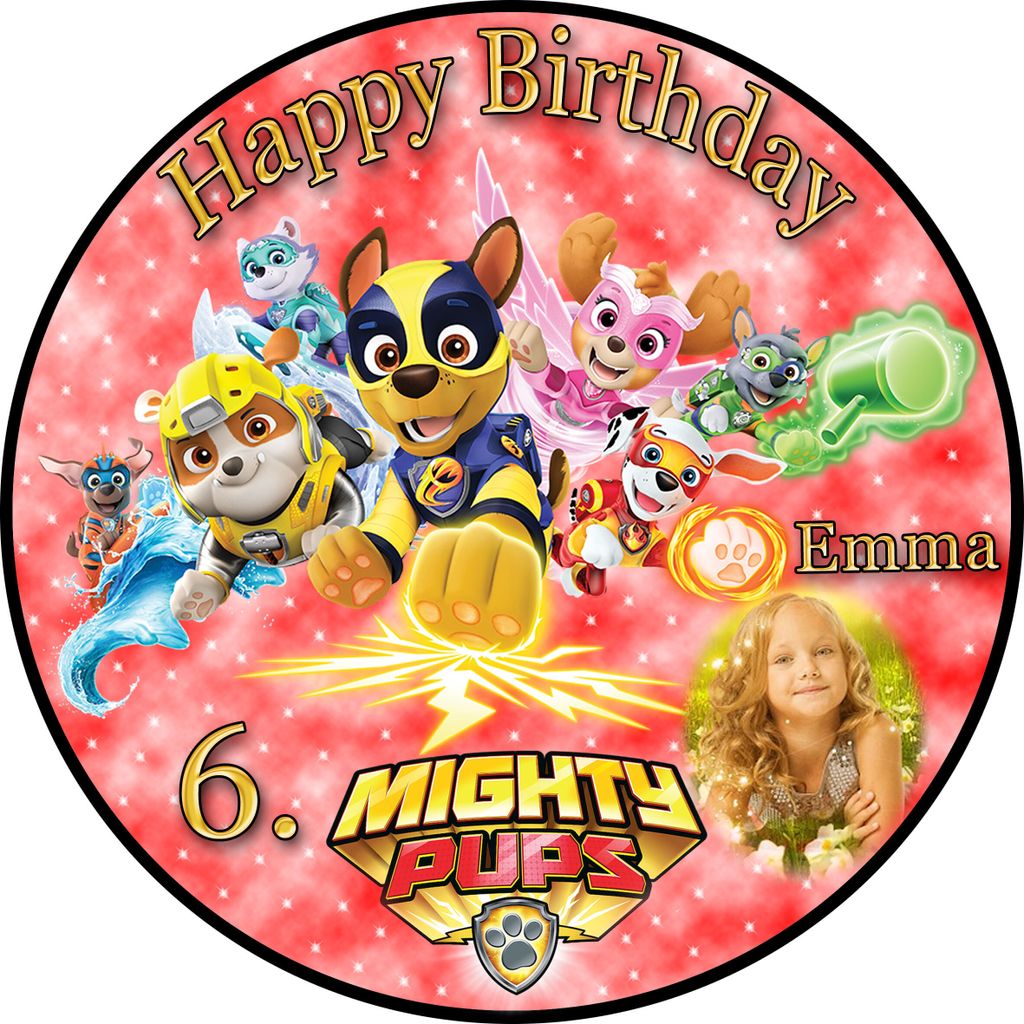 Tortenaufleger Fototorte Tortenbild Kindergeburtstag Paw Patrol Mighty Pups PP04 (Zuckerpapier) Rund 20 cm Ø mit Foto Rot