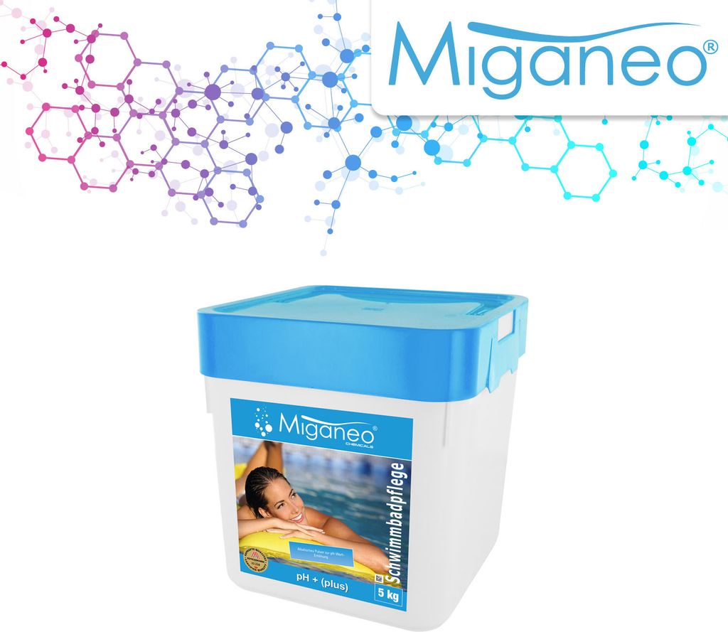 A product shot of a bucket of pool chemicals with a woman in the background.