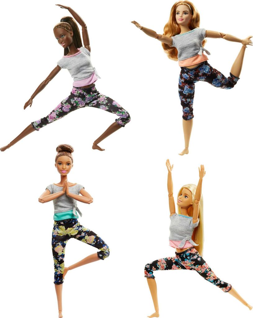 Four Barbie dolls in different yoga poses, wearing athletic wear with floral patterns.