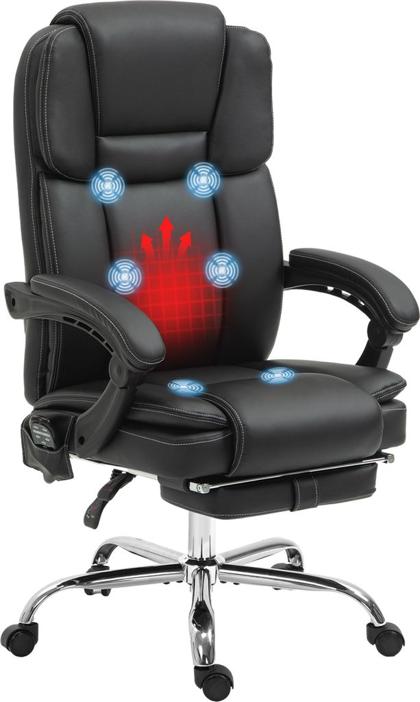 A black ergonomic office chair with a footrest, featuring glowing blue circles and a red heat map graphic indicating massage and heating functions.