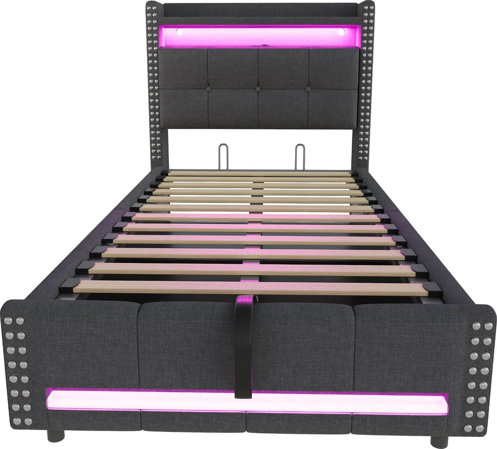 Lit Coffre 90x200 cm OKWISH Gris avec Rangement et LED Télécommandée