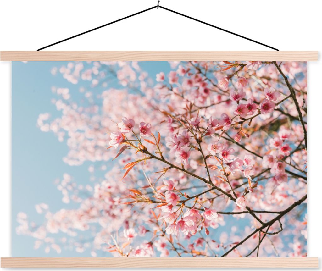 MuchoWow Textilposter Sakura - Frühling - Zweige 120x80 cm mit holzfarbenen Rahmen - Aufhängeset