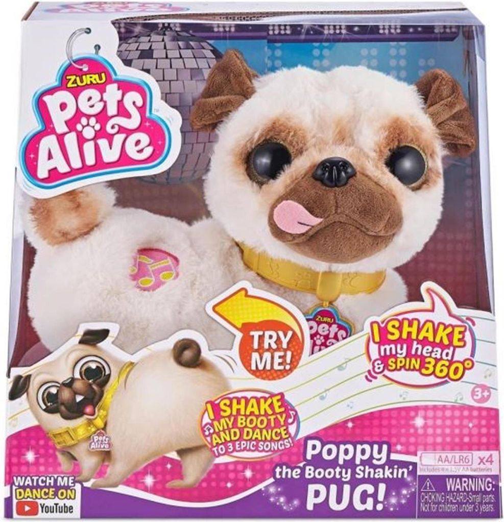 Product packaging for a toy pug.