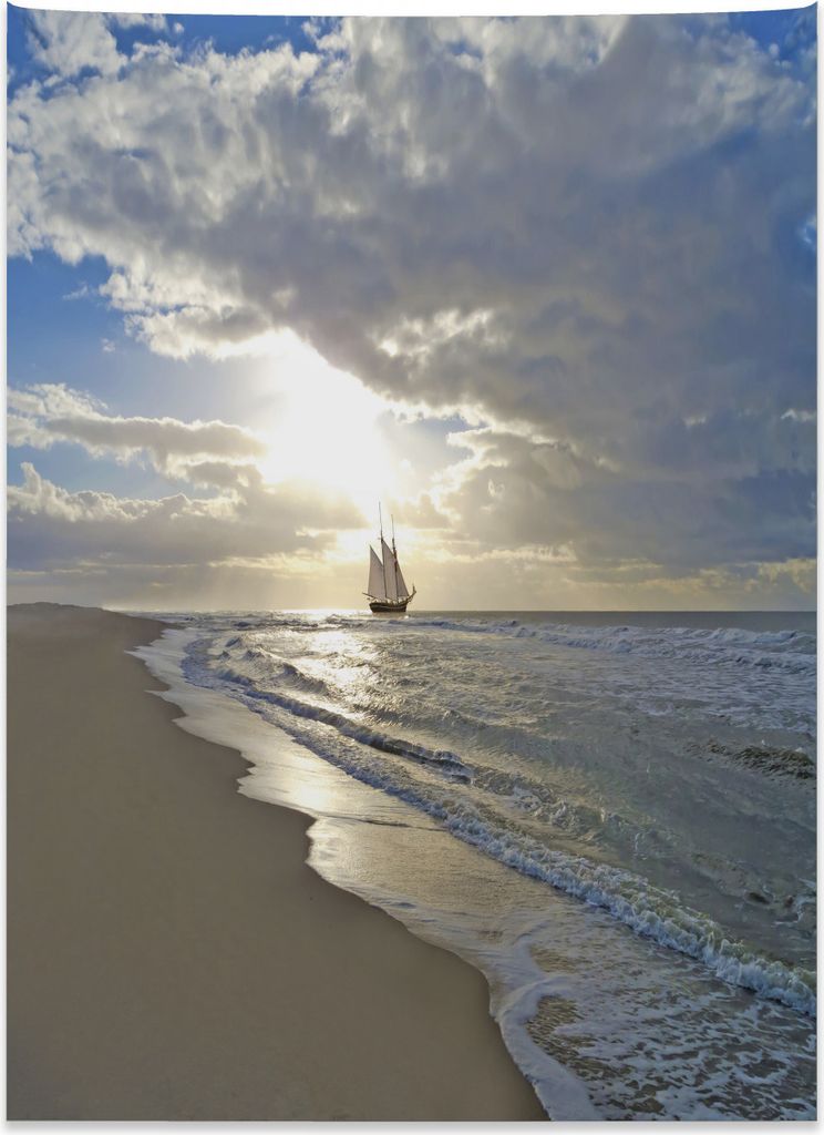 Abakuhaus Strand Wandteppich, Segelschiff bei Sonnenuntergang aus Weiches Mikrofaser Stoff Kein Verblassen Klare Farben Waschbar, 110 x 150 cm, Wei...