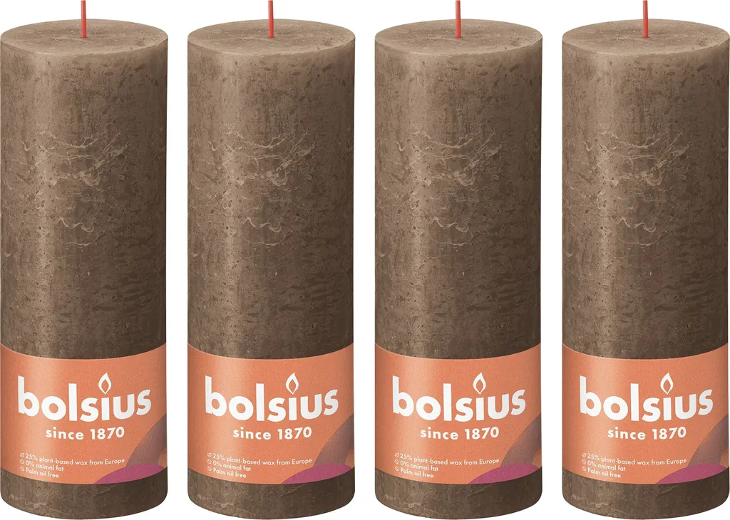 Bougies piliers 19cm daim brun fini rustique, lot de 4 longue durée