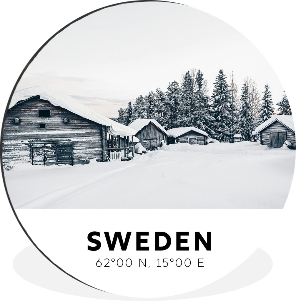 MuchoWow Aluminium Wandkreis Schweden - Skandinavien - Schnee - Winter Ø 90 cm Wanddeko Modern Wohnzimmer - Mauerkreis - Wandbilder - Runde Bild...
