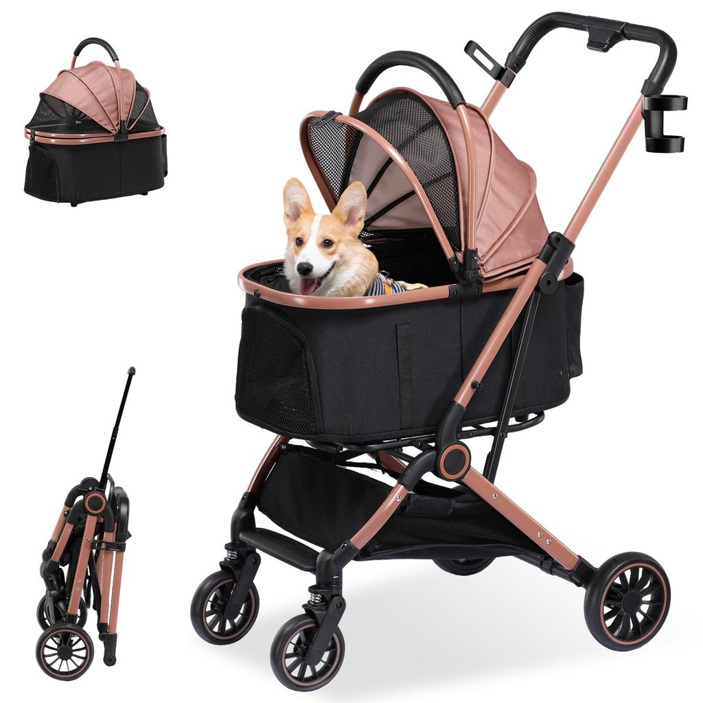 COMHOMA Hundebuggy klappbar bis 25KG, 360°schwenkbares EVA-Vorderrad und Hinterradbremsen, 4-in-1 Hundewagen, Faltbar Katzenwagen Roségold
