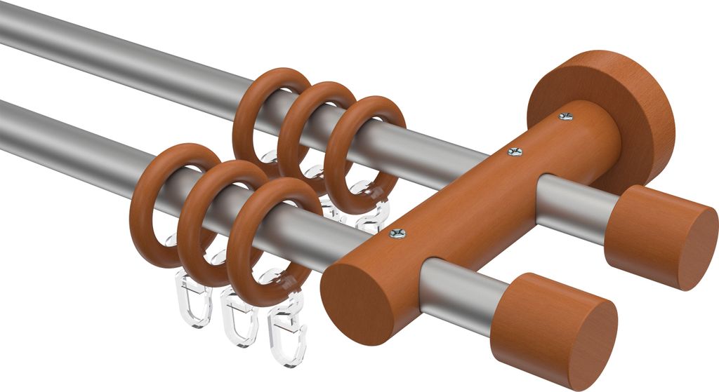 Interdeco Gardinenstange / Vorhangstange Silbergrau / Kirschbaum lackiert, Typ Adrian Pin (Kappe), 16 mm Ø 2-läufig, 120 cm