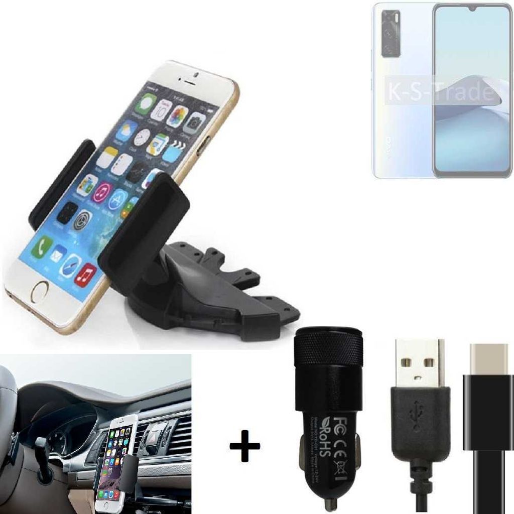 K-S-Trade CD Schlitz Handy-Halterung kompatibel mit Vivo Y70 Autohalterung KFZ-Halter Radio Handy Halterung 360° drehbar CD-Schacht inkl. USB-C