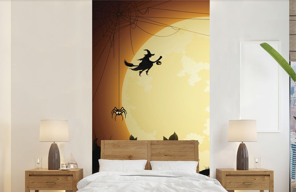 MuchoWow Fototapete für Wohnzimmer oder Schlafzimmer Wandtapete Vinyl Motivtapete Eine Illustration eines Schlosses mit Hexen und Kürbissen zu ...