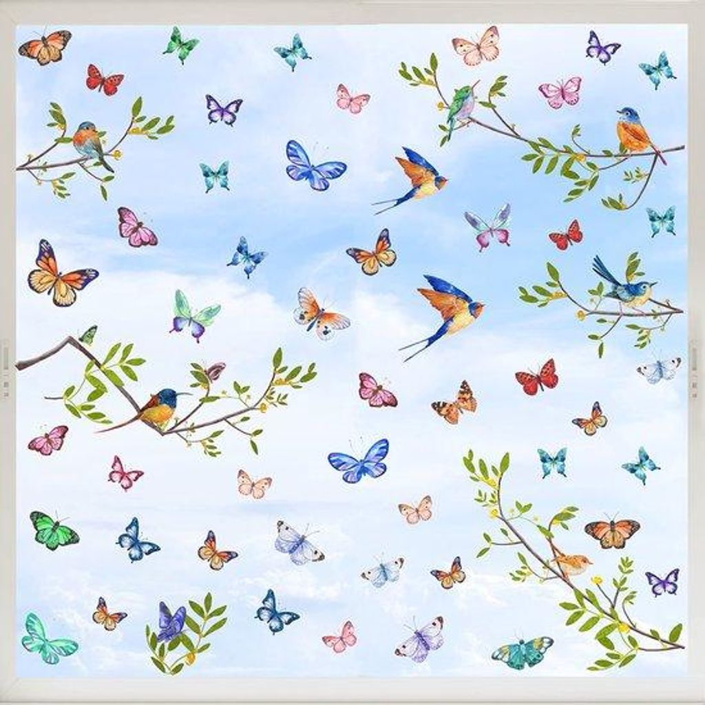 Bunte Vogel Fensterfolien, Blätter, Vögel, DIY Wanddekoration