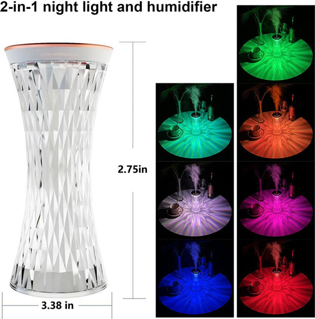 Kristall-Tischlampe mit Luftbefeuchtern, 7-Farben-Diamant-Nachtlampe für Schlafzimmer Wohnzimmer