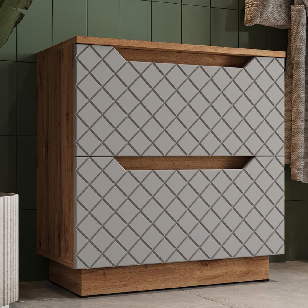 Vicco Waschbeckenunterschrank Lotta, 59.8 x 62.5 cm mit 2 Schubladen, Eiche/Grau mit Kachelstruktur