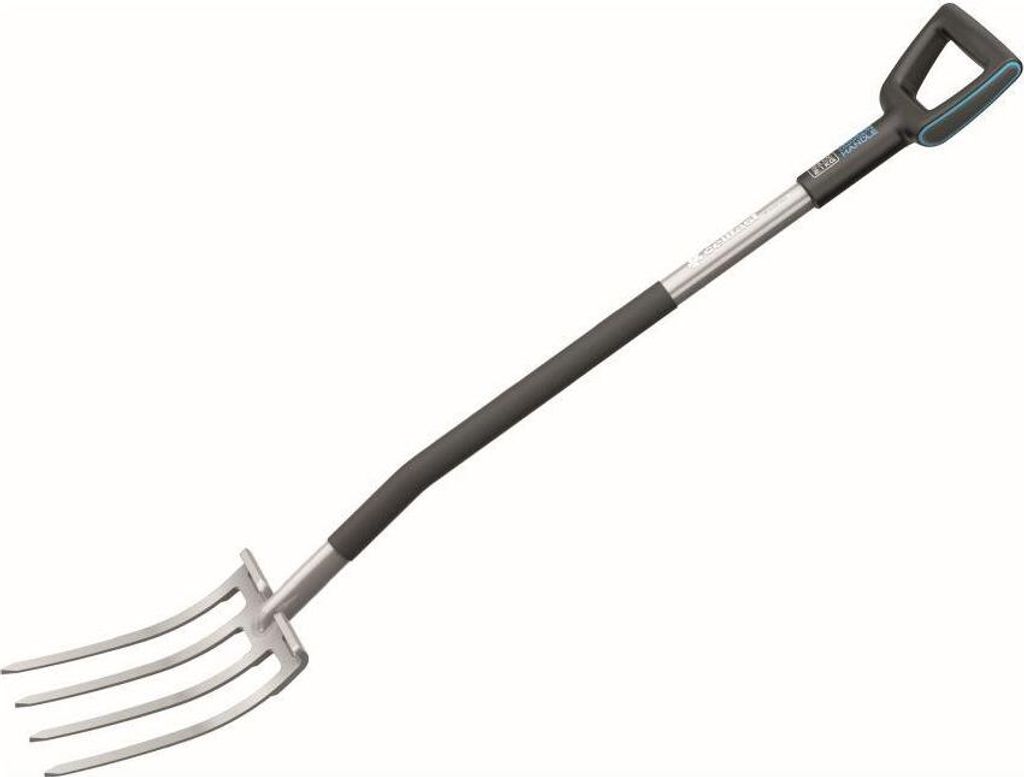 A garden fork is shown against a white background.