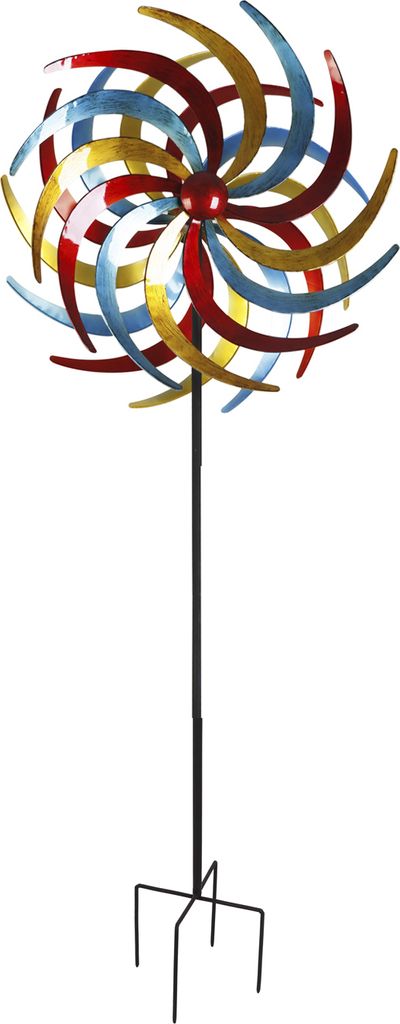 A metal wind spinner with colorful blades on a black pole with a four-pronged base.
