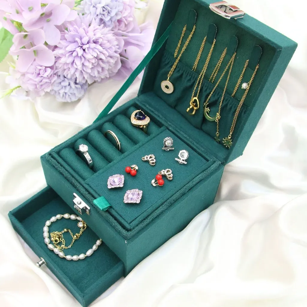 Rangement Bijoux Vitré en Velours Vert pour Coiffeuse et Collection
