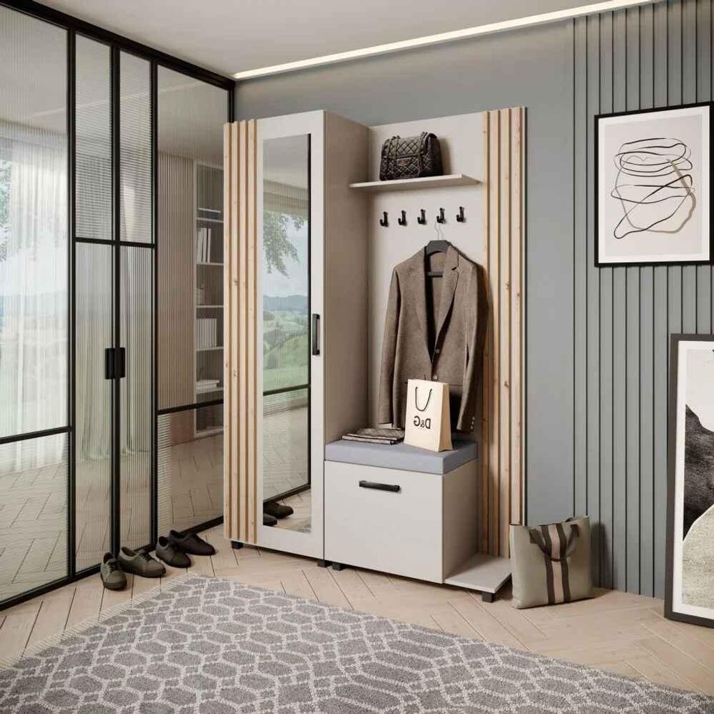 A modern entryway with a wardrobe set, mirror, and coat rack.