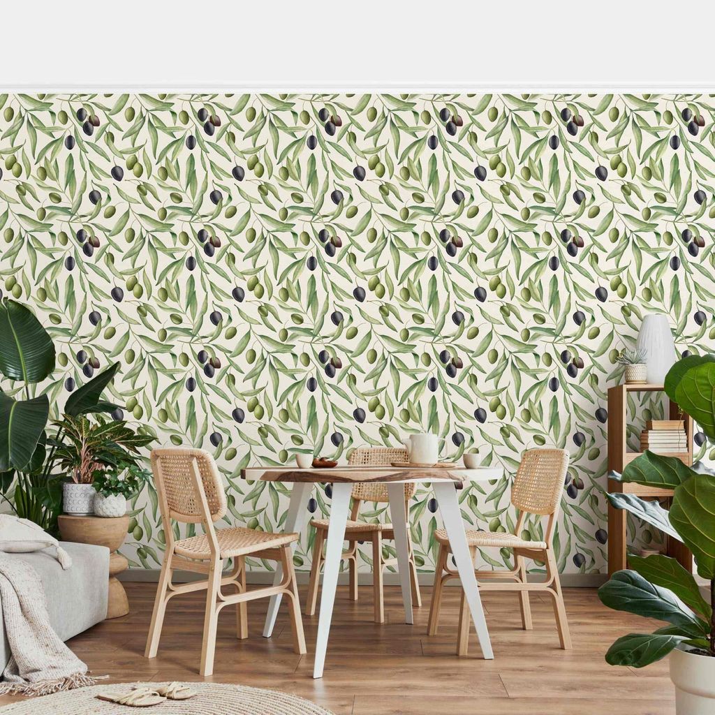 Fototapete Muster - Vliestapete - Bildtapete UV-beständig Pflanzen grün Aquarell Wandtapete geruchsfrei