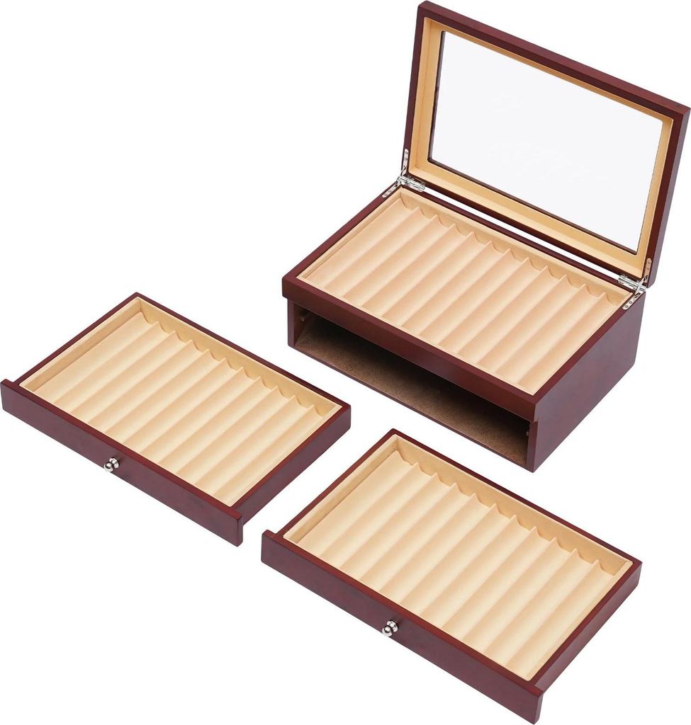 Stiftebox aus Holz - Display- und Aufbewahrungsbox - 3 Ebenen - 34 Fächer - Für Füller - Rechteckig - 31×21×12,5 cm - Rot