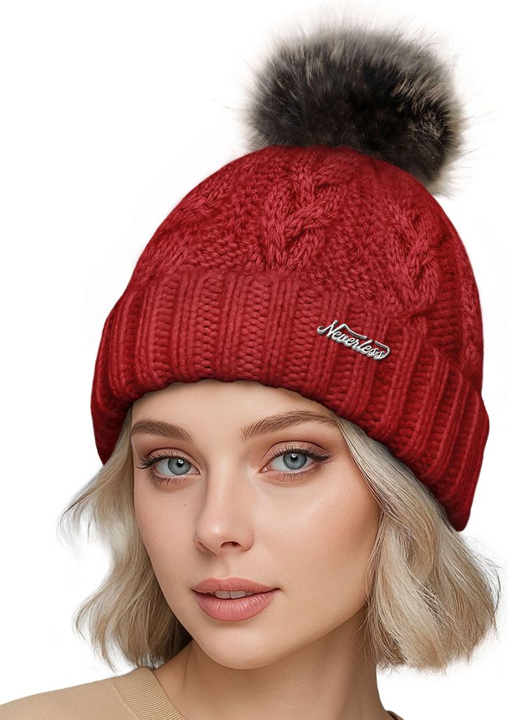 Damen Strickmütze Zopfstrickmuster Bommelmütze gefüttert mit Fleece Wintermütze Model 1979 Neverless