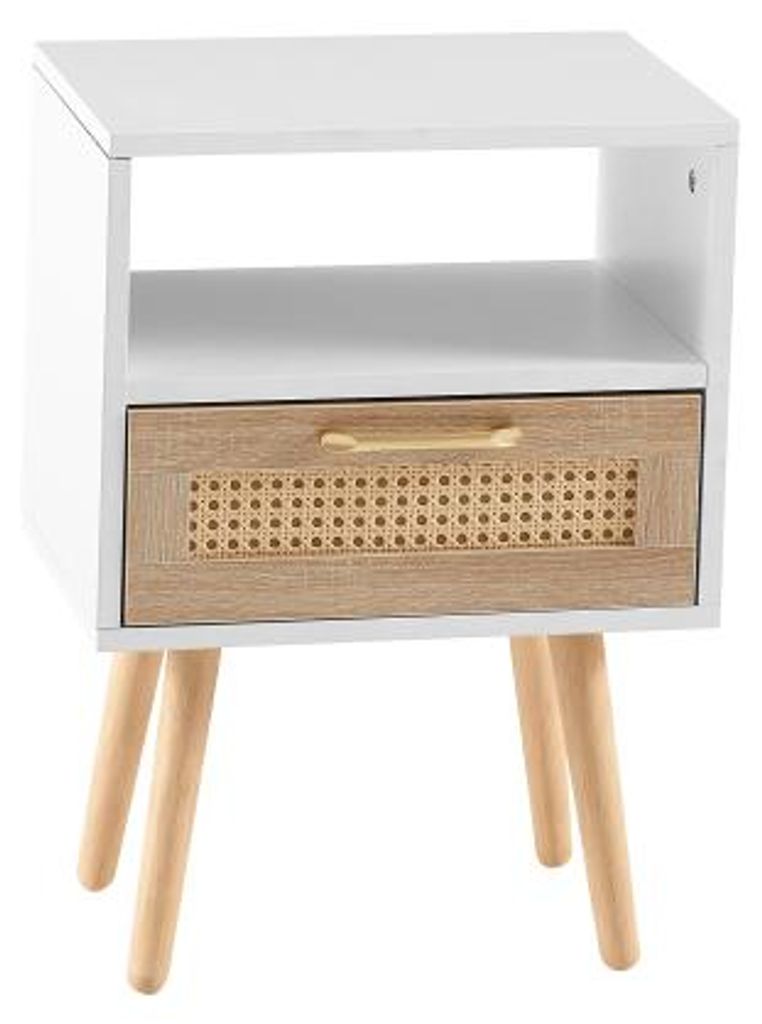 Rattan Beistelltisch 40x30x55cm Weiss Natur MDF Modern Nachttisch Wohnzimmer Schlafzimmer Mit Schublade