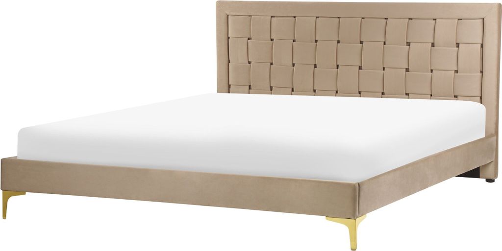 BELIANI Bett Taupe Samtstoff mit Lattenrost 160 x 200 cm Hohes Kopfteil Goldenes Metallgestell Modern Glamourös Doppelbett Ehebett Schlafzimmer M...