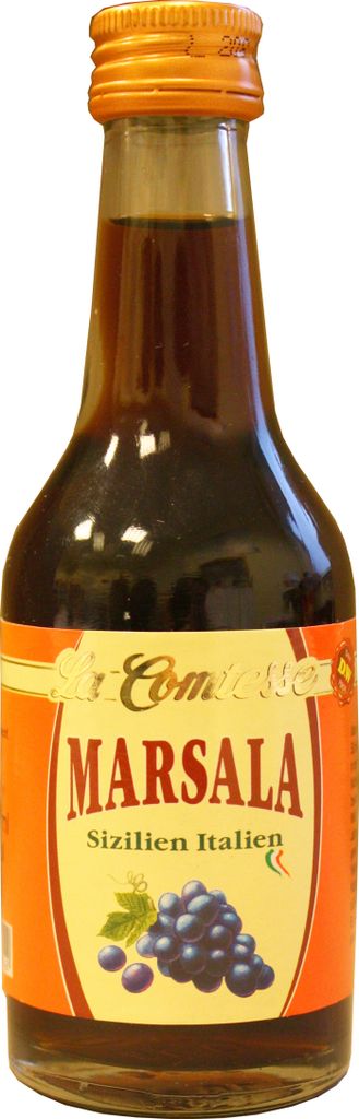 A bottle of Marsala wine with a label showing grapes.