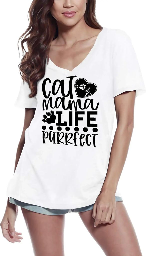 Damen Grafik T-Shirt V-Ausschnitt Das Leben einer Katzenmama ist schnurrvoll – Cat Mama Life Is Purrfect – Öko-Verantwortlich Vintage Jahrgang...